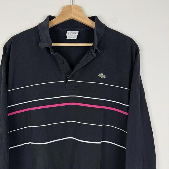 Lacoste Sport Long Sleeve Polo Shirt Black Striped Size 6 (XL) Crocodile Casual - Picture 7 of 7